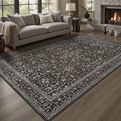 DCX Machine Washable Black Area Rug 4x6, Non Slip Stain Resistant Vintage Floral Rug for Living Room Bedroom Dining Room, Soft Low Pile Large Carpet 4' x 6' (Rectangular) Vintage Black