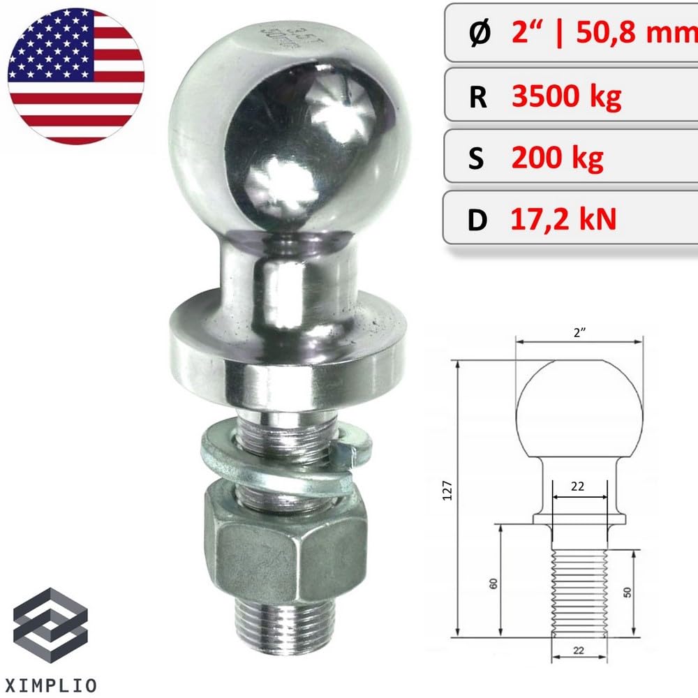 XIMPLIO 2 Zoll Kugelbolzen für US-Anhänger - Kugelkopf Kupplungskugel fi 50,8 mm