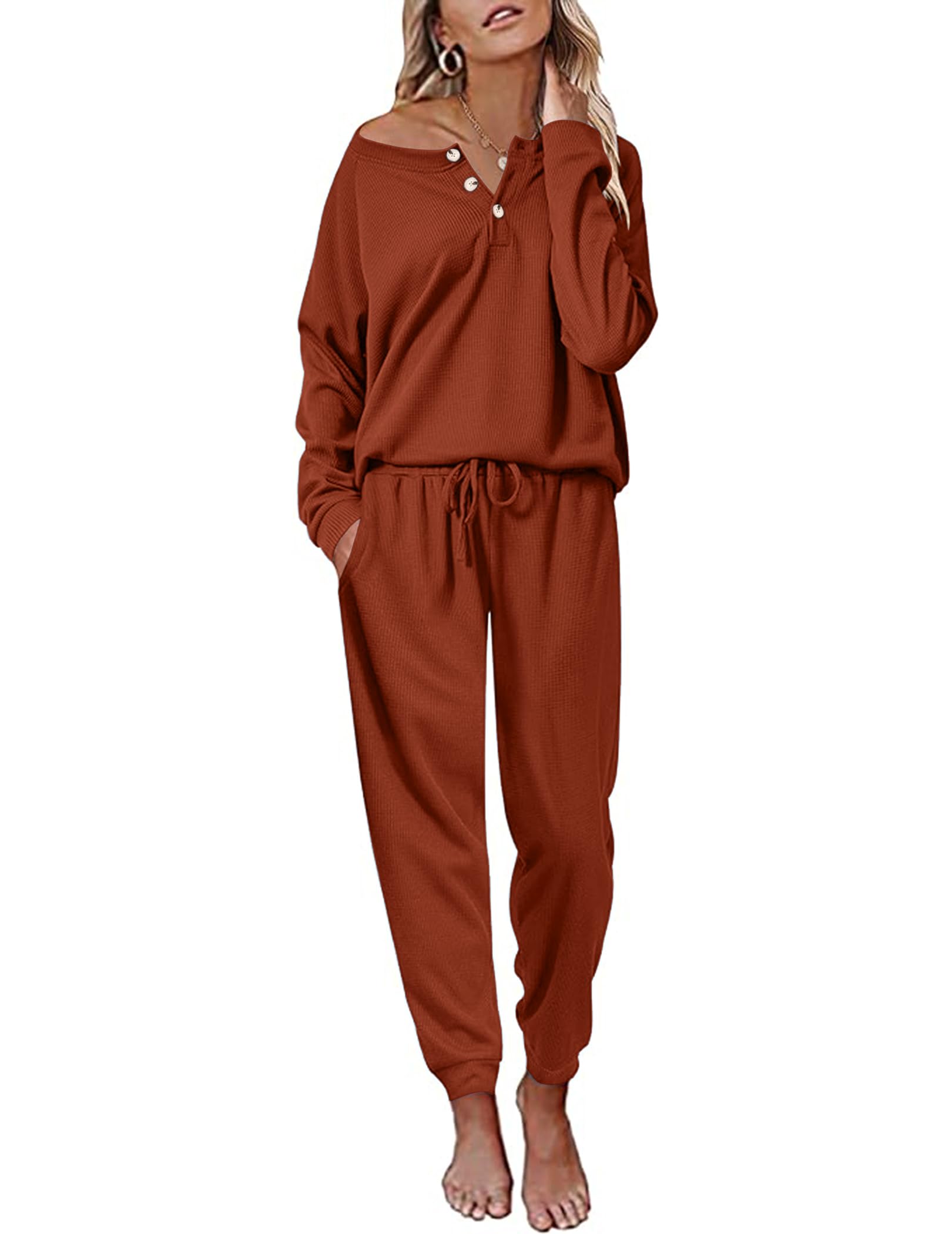 Andeip Womens Pajama Set Waffle Knit Lounge Set 2 Piece Long Sleeve Top and Pants Loungewear Pj Sets