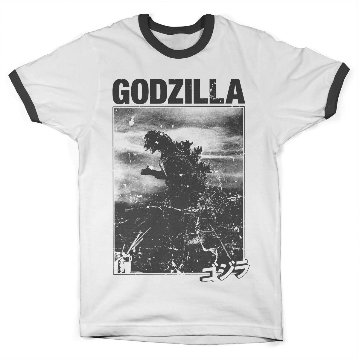 Godzilla Officially Licensed Vintage Ringer Tee Ringer Mens T-Shirt (White-Black), Small