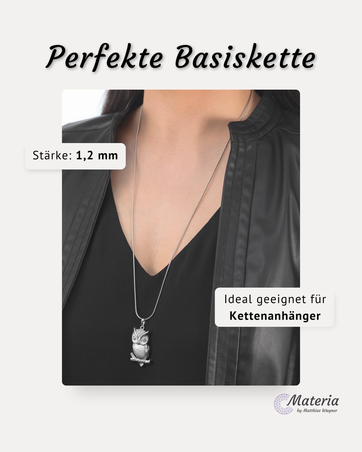 Damen Schlangenkette Silber 925 - Feine Halskette 1,2mm rhodiniert K22 | Zarte Silberkette aus hautfreundlichem 925 Sterling Silber für Frauen und Mädchen in 40-120cm von MATERIA by Matthias Wagner