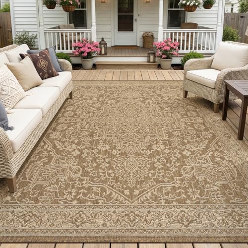 MontVoo-Outdoor Rug-Patio Rug 8x10 Polypropylene Indoor Outdoor Rugs Carpet for Patio Deck Balcony Porch, Textured Weave, Durable for High Traffic, Fade-Resistant, Vintage Medallion Neutral Brown
