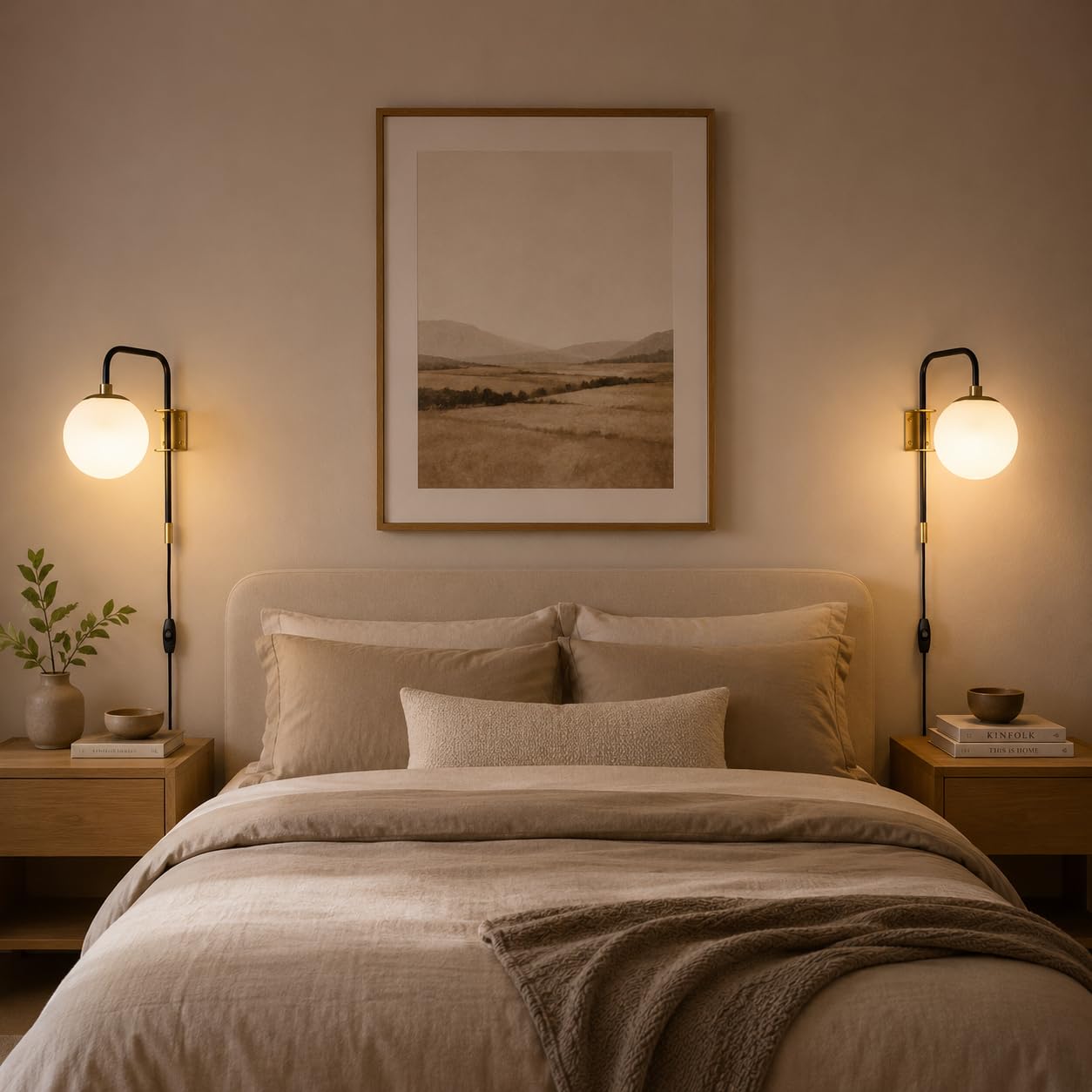 Alpinaluz Applique Murale avec Prise E27, Globe Blanc 15 cm | Support en acier noir et doré, tête orientable 180°, interrupteur sur câble, idéale en chambre ou salon