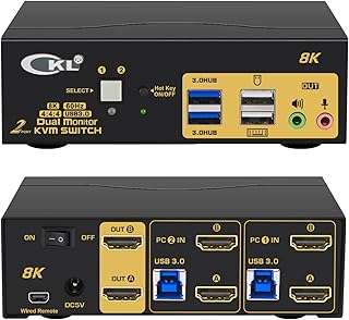 CKL 2 Port USB 3.0 KVM Switch Dual Monitor HDMI 8K 60Hz, Keyboard Video Mouse Peripherals Switcher for 2 Computers 2 Monitors with Audio 922HUA-4