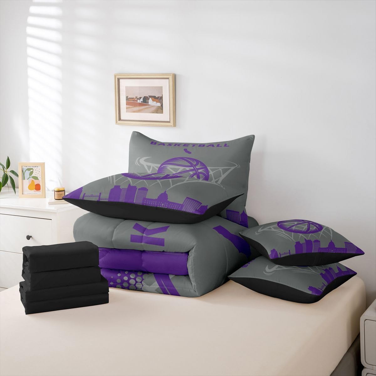 Erosebridal 7 Pcs Comforter Set Twin Size,Boys Sports Bed in a Bag with Flat Sheet and Fitted Sheet for Kids and Adults,Basketball Bedding Set with Pillowcase and Sham,Sacramento