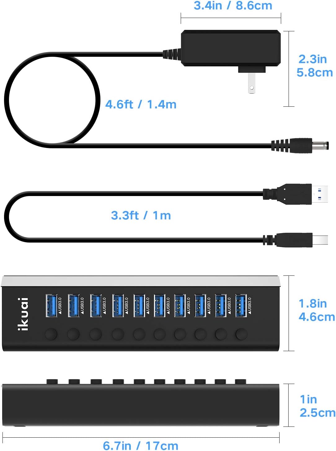 Powered USB Hub 3.0 ikuai Aluminum 10 Port USB 3.0 Data Hub Splitter with 12V/3A 36W Power Adapter and Individual On/Off Switches for Desktop PC Laptop and More : Electronics