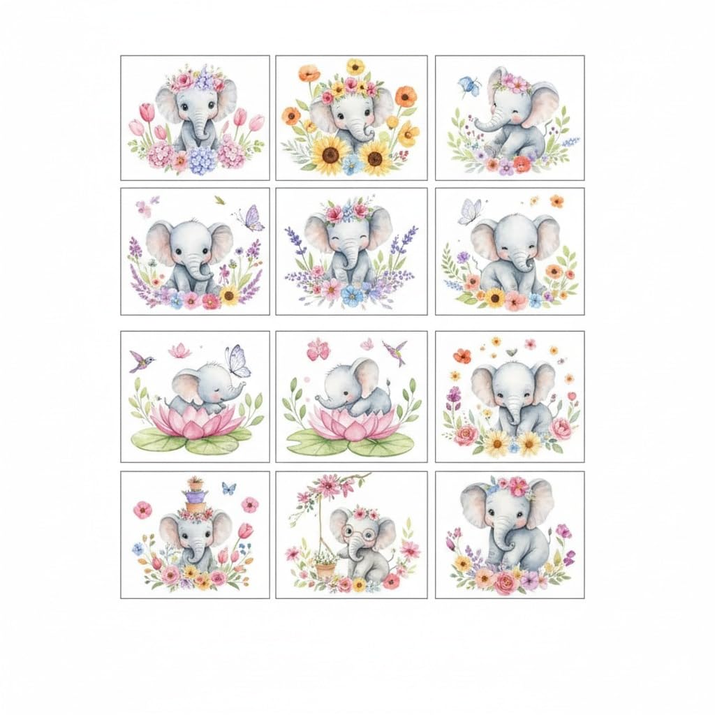 UV DTF Cup Wraps Transfer Stickers, 12 Pattern Waterproof Elephant Floral Decals for Mug Glass Water Bottle, 2.5 Inch DIY Crafts