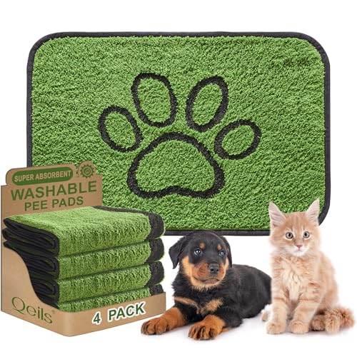 Image of Qeils Reusable Dog Pee Pads, 4 Pack Super Absorbent & Leakproof Washable Puppy Pads with Soft Green Top Layer, for Potty Training, Crates, Couch, Car Seats & Pet Beds, 24 inchx 36 inch