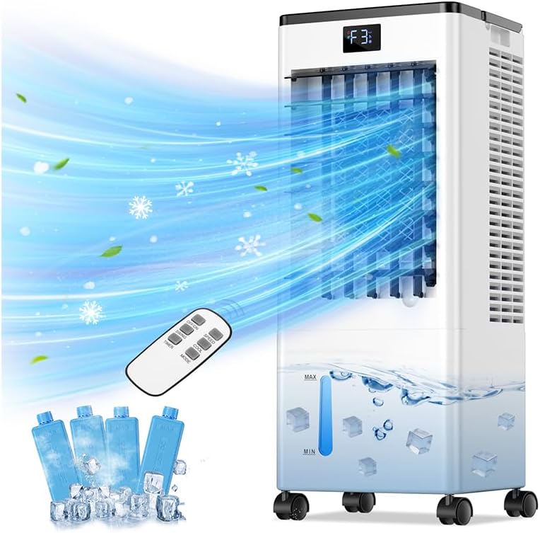 Portable Air Conditioners, Evaporative Air Cooler with Remote & LED Display, 120° Oscillation, 12H Timer, 3 Speeds & 4 Modes, 60W Energy-Efficient, Windowless Swamp Cooler for Bedroom Office Garage