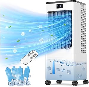 Portable Air Conditioners, Evaporative Air Cooler with Remote & LED Display, 120° Oscillation, 12H Timer, 3 Speeds & 4 Modes, 60W Energy-Efficient, Windowless Swamp Cooler for Bedroom Office Garage