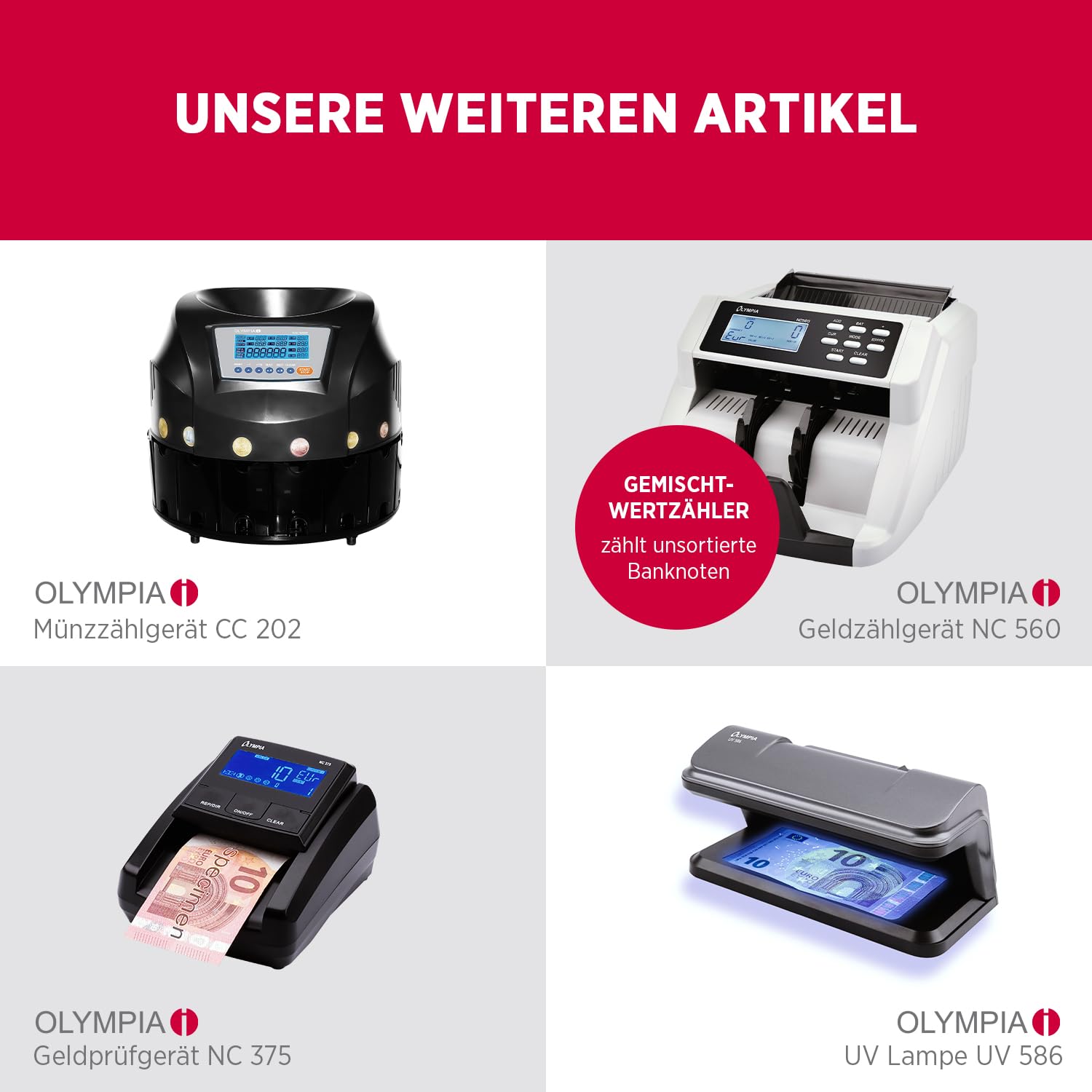 Olympia NC 455 Geldzählmaschine & Geldscheinprüfer | Geldzähler für alle Scheine | UV & MG Prüfung | Zählmaschine für 1-9999 Noten | LCD Display | 1000 Noten/Min | Autom. Start | Falschgeld Prüfer