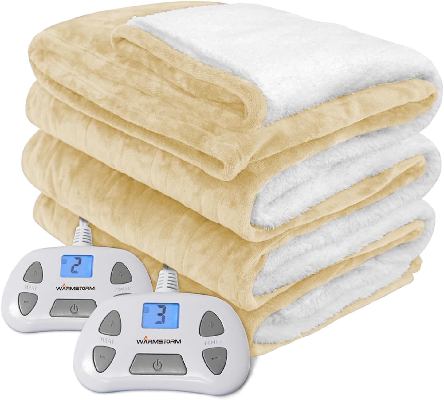 Warm Storm Electric Blanket Queen Size Heated Blanket Anti-Static Flannel & Sherpa 10 Heating Levels 12 Hours Auto Off Machine Washable Beige 84"x 90"