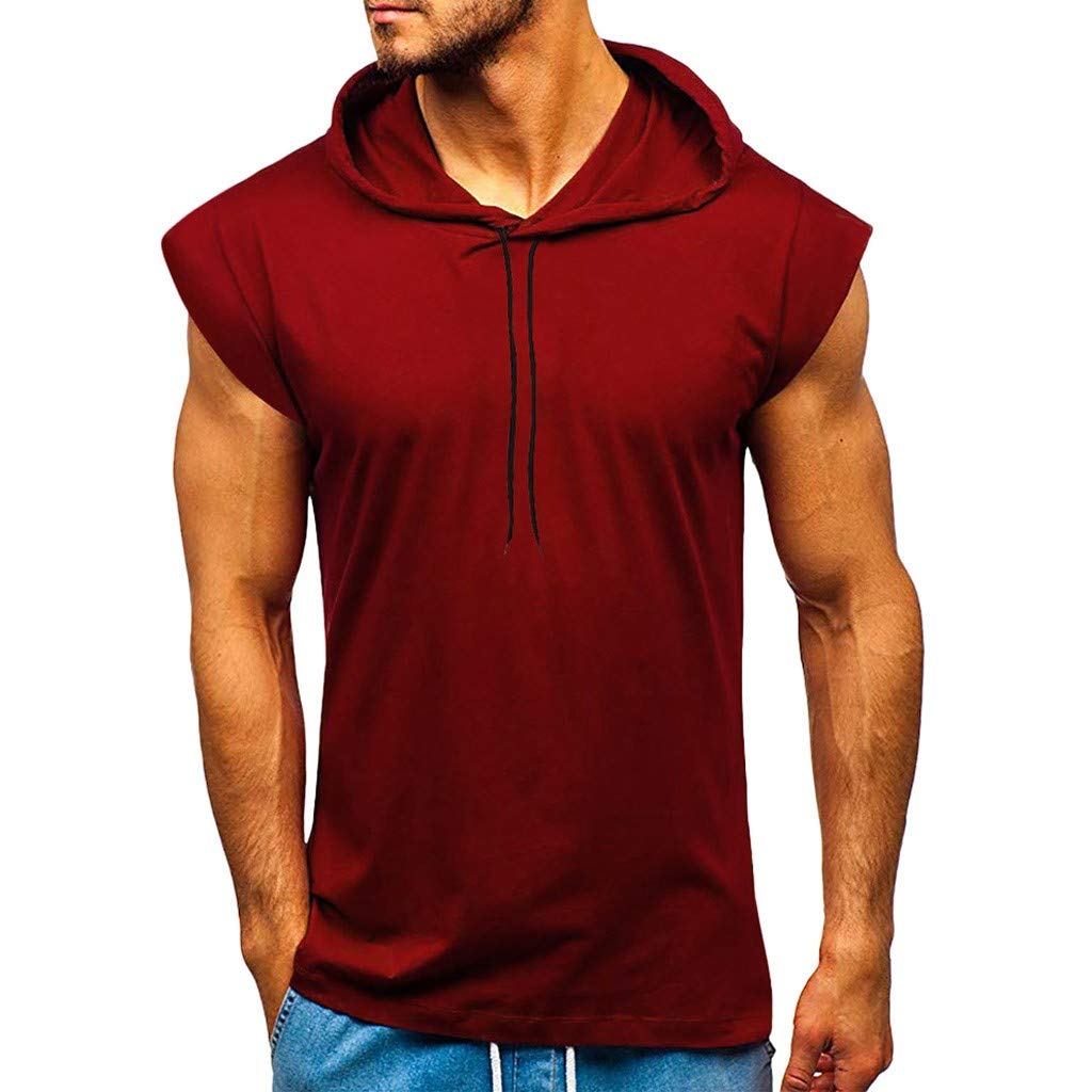Men's Hoodie Vest Fashion Casual Solid Color Fitness Gym Muscle T Shirt Sleeveless Hooded Bodybuilding Tight-drying Tops OULSEN Tank Top for Men