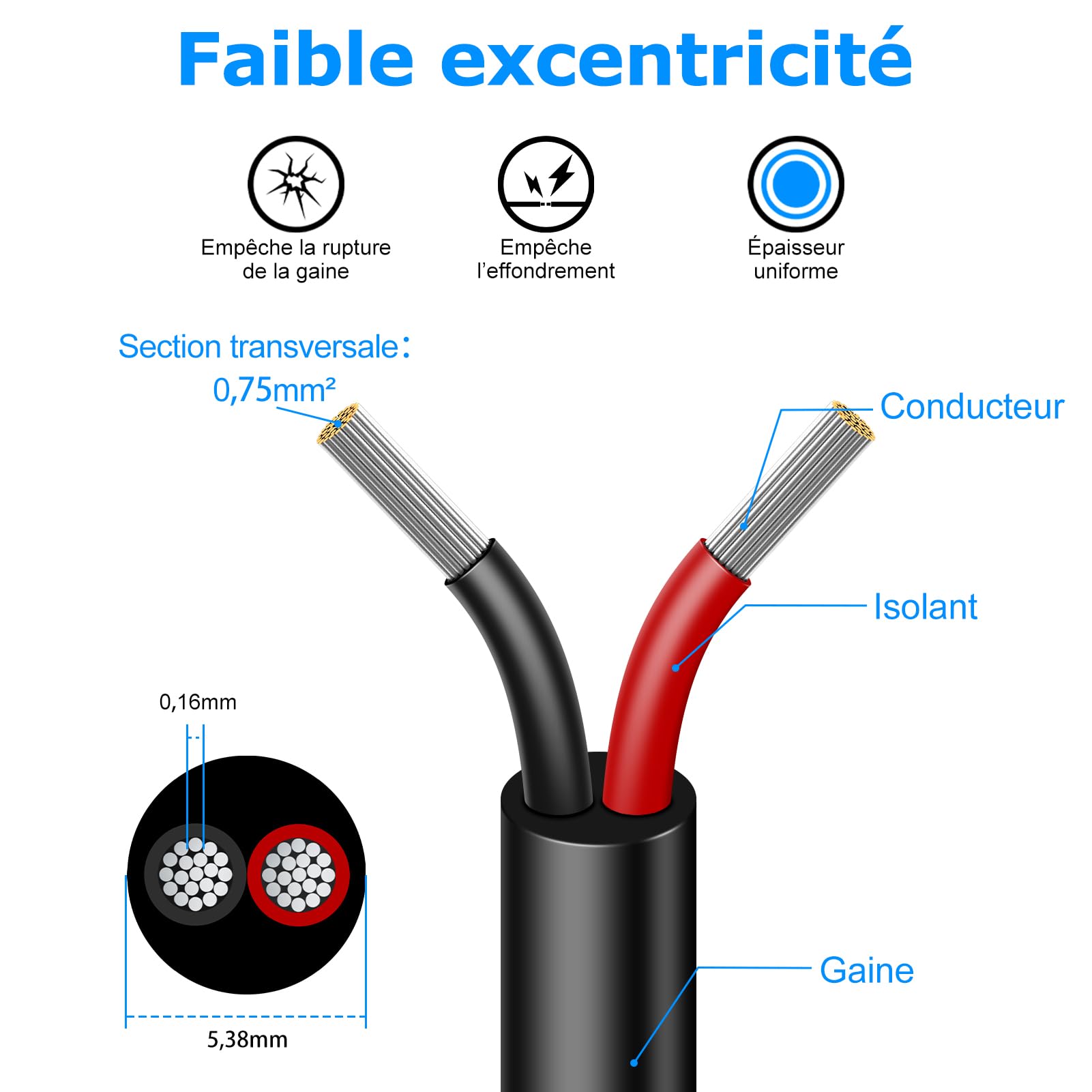 Cable Eléctrico 30 Metros 18 AWG 2x0,75mm², Cable de 2 Conductores 5V/12V/24V/220V, Cobre Estañado, Flexible y Flexible, Baja Impedancia, Alta Resistencia a la Temperatura, Cable de Extensión