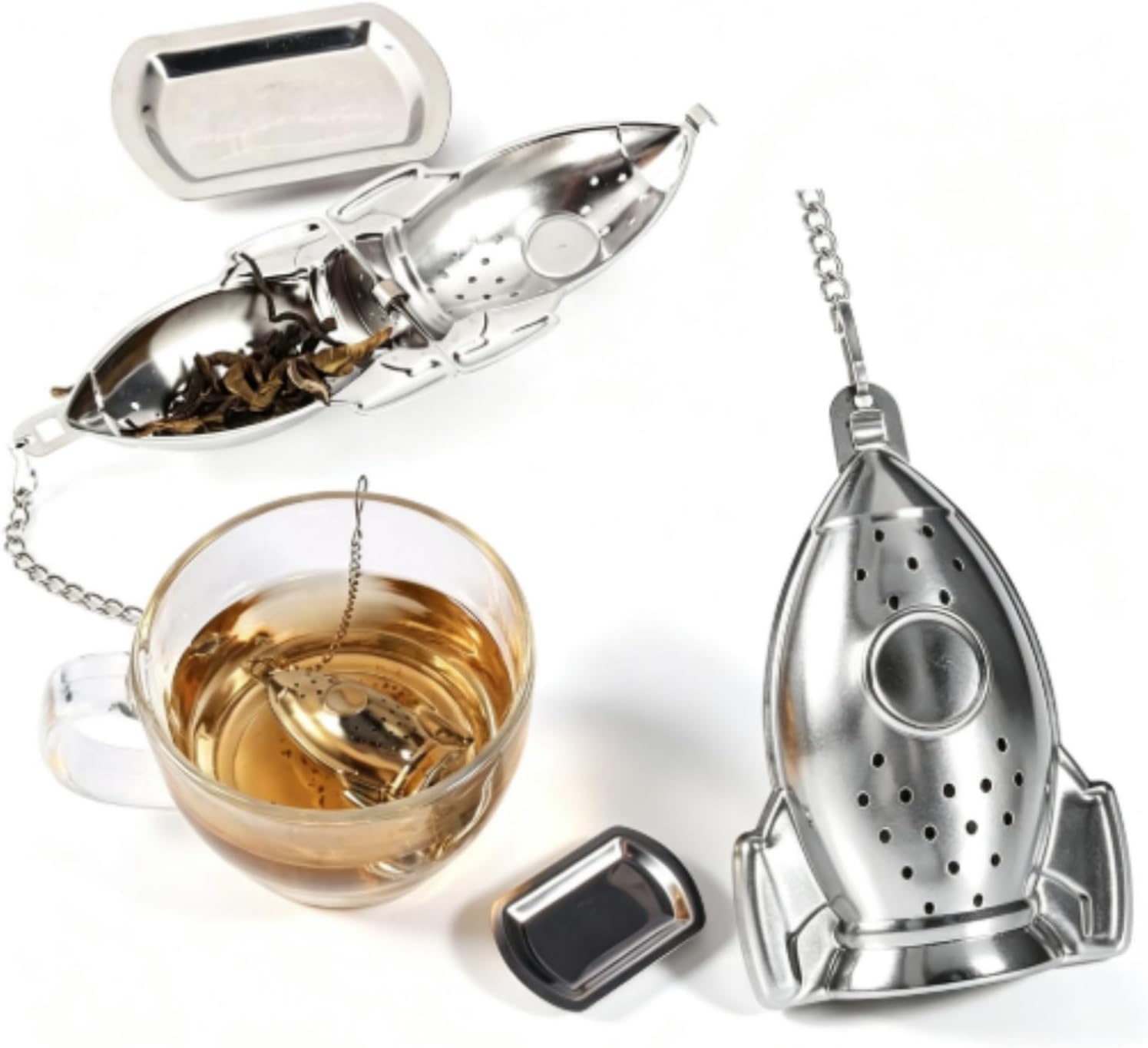 2PCS Tea Infuser Strainer, Stainless Steel Tea Infuser, Rocket Tea Strainers for Loose Filter Diffuser with Chain Hook and Lid Reusable Filter Bags