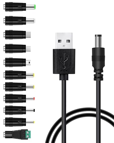 Cable de alimentación USB a CC de 5 V, cable de carga universal DC de 0.217 x 0.083 in con 11 puntas de conector intercambiables (7 puntas de CC, 3