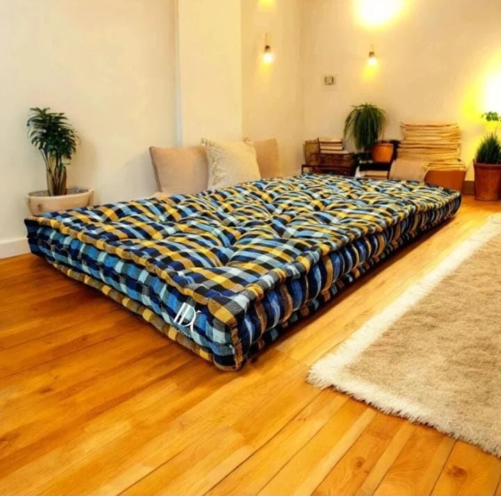 Image of Cotton Foldable Mattress, Single Size, 180x90x7.5 cm, 4x6 Foot Medium-Firm, Multi-Colour Plaid, Portable Floor Sleeping Mat