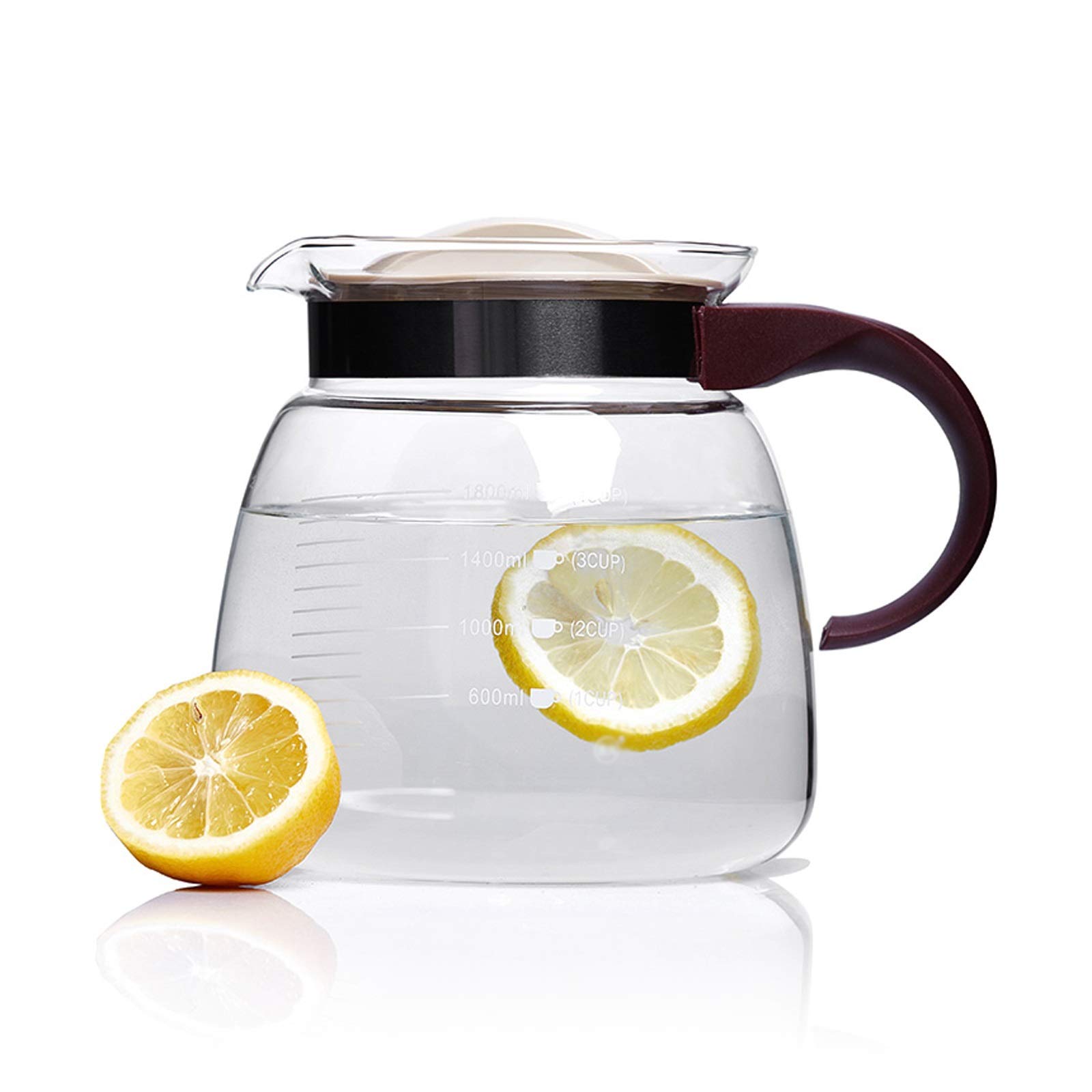 LOWLIU Caraffe di tè Freddo Lanciatore di Vetro 1800ml con Manico caffetteria in Vetro con Linea di precisione Linea resisto ad Alta Temperatura versare Acqua Senza gocciolamento brocche