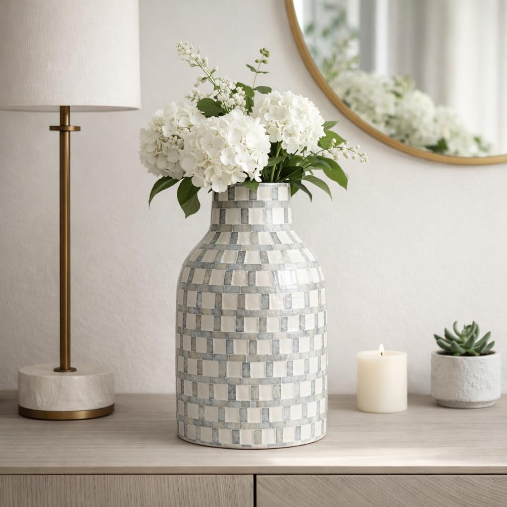 Decorative Plaid Pattern Vase for Living Room Decor - Contemporary Home Decor Accent for Bedroom, Office, or Table Styling - Stylish Flower Vase for House or Shelf Display - 16", Ivory & Gray