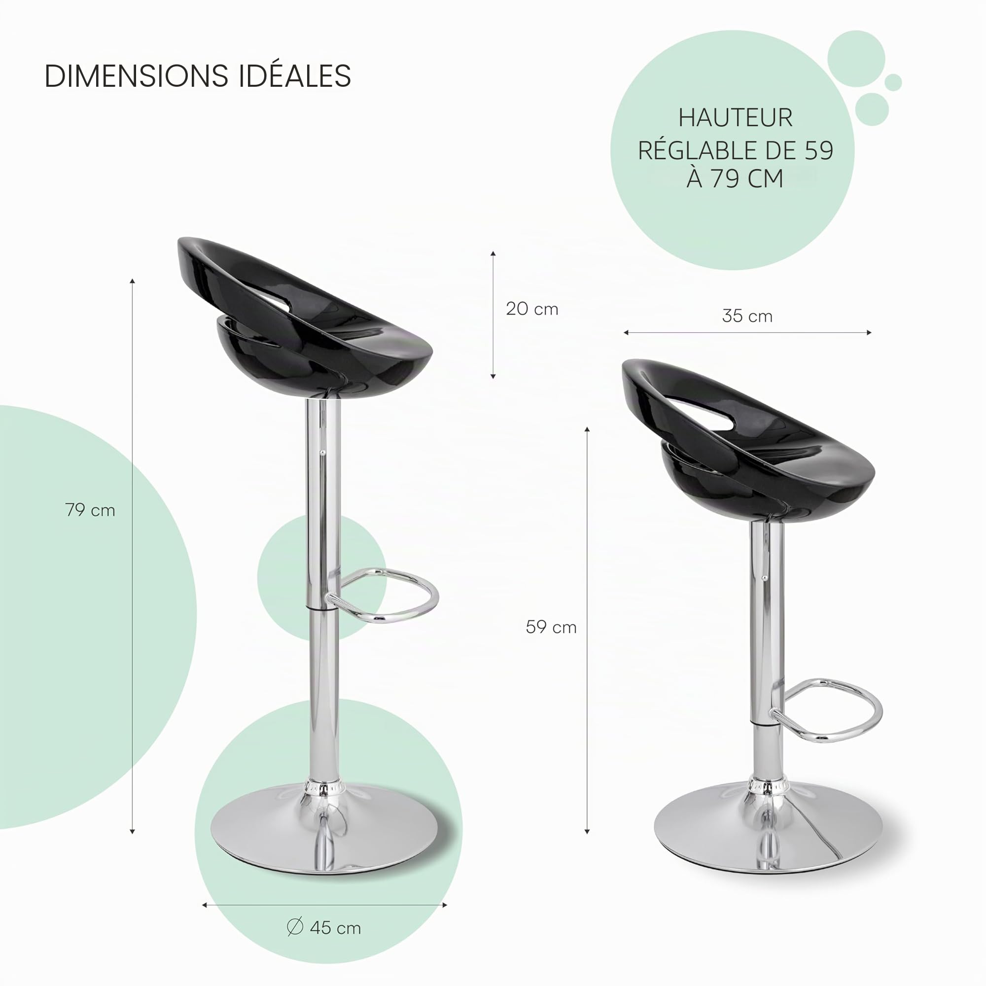 Baroni Home Tabouret de Bar Pivotant Hauteur Réglable, Assise en Plastique et Dossier, Base Chromée, Repose-Pieds et Fond Anti-Rayures, Tabouret de Cuisine et Péninsule, 37x45x59–79 cm, Noir 1 pièce