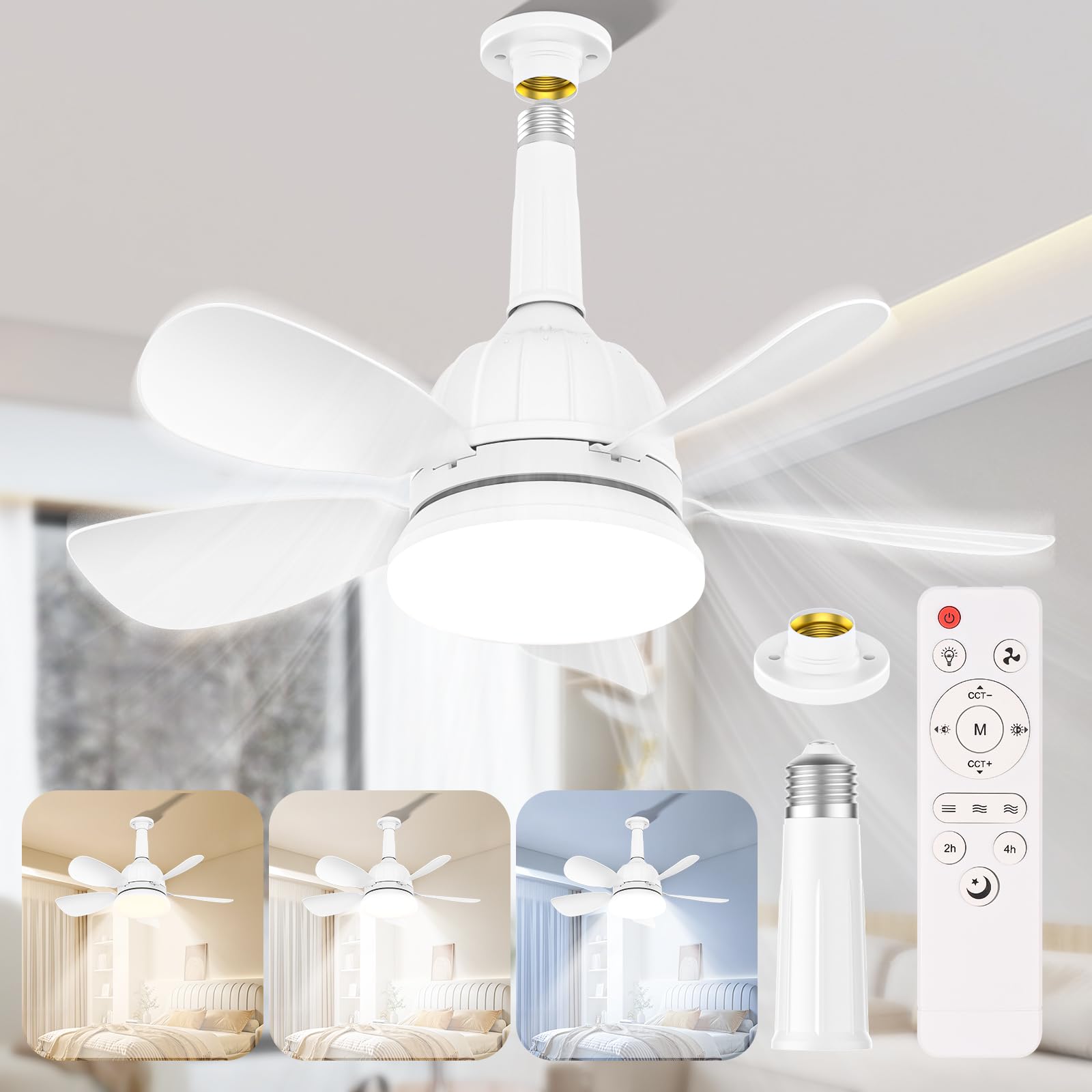 Ventilatore Lampadario da Soffitto 5 Pale 18'' LED Dimmerabile Ventilatori da Soffitto Silenziosi con Telecomando e Luce, Super Silenziosa, Velocità Luminosità Temperatura Colore Regolabil, Bianco