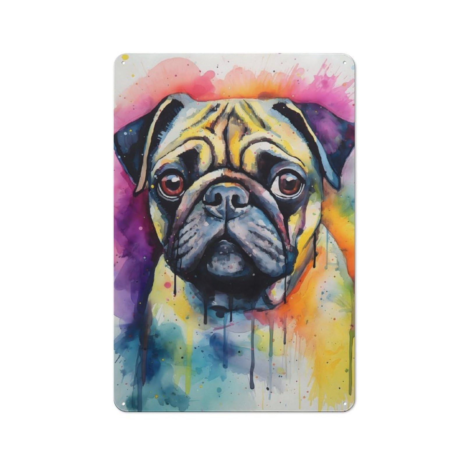 Junmoney Pug Dog Watercolor Vintage Tin Sign With Design 30X20cm, Nostalgic Nostalgic Wall Art For Living Room, Hallway, Kitchen Or Cafe