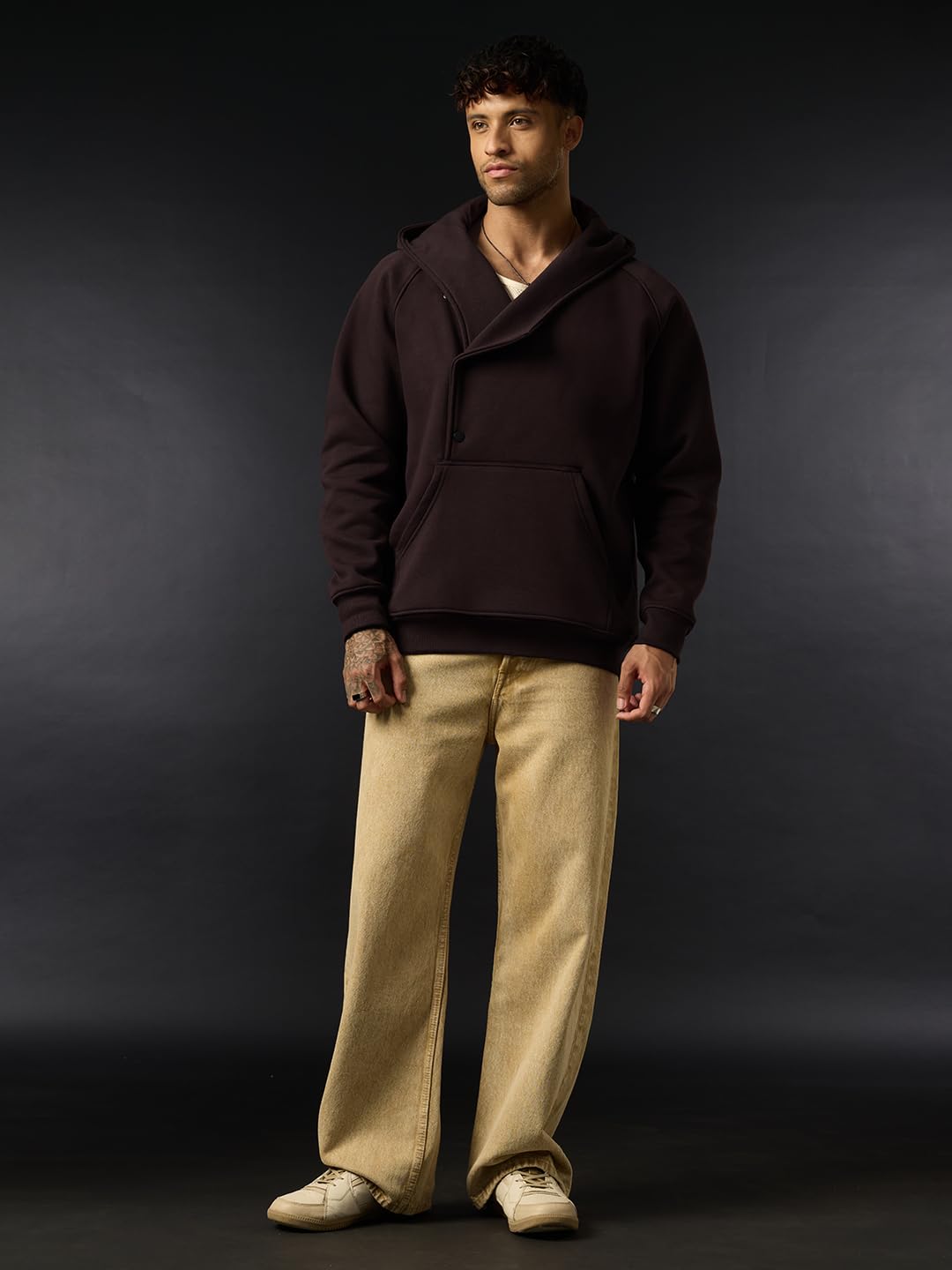The Souled Store Choco Brown - Sudadera de manga larga con capucha para hombre y niño, mezcla de algodón sólido, hombros caídos, ropa de calle moderna, ropa de invierno, uso diario, casual, ropa de