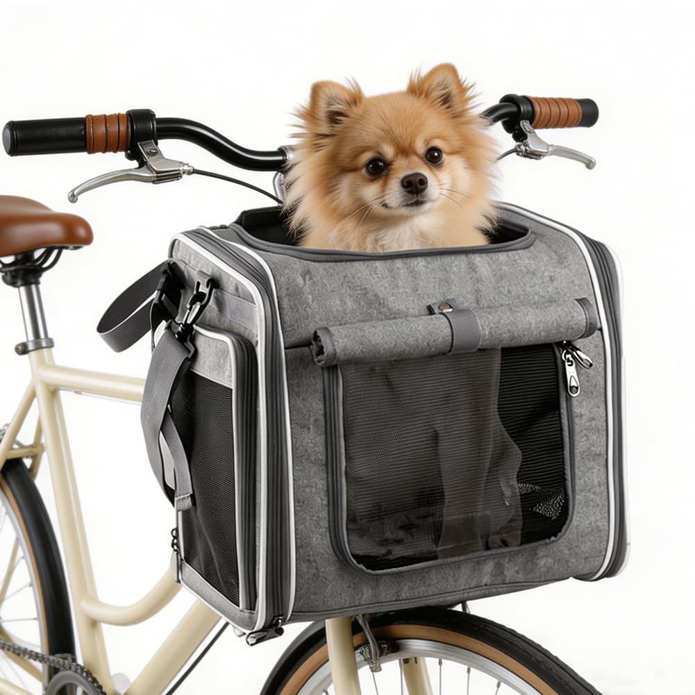 Cestino per cani per bicicletta, 4-in-1 cestino per cani espandibile per bicicletta fino a 10 kg, cestino per bicicletta, zaino e borsa a tracolla con 4 finestre in mesh, cintura di sicurezza, fondo
