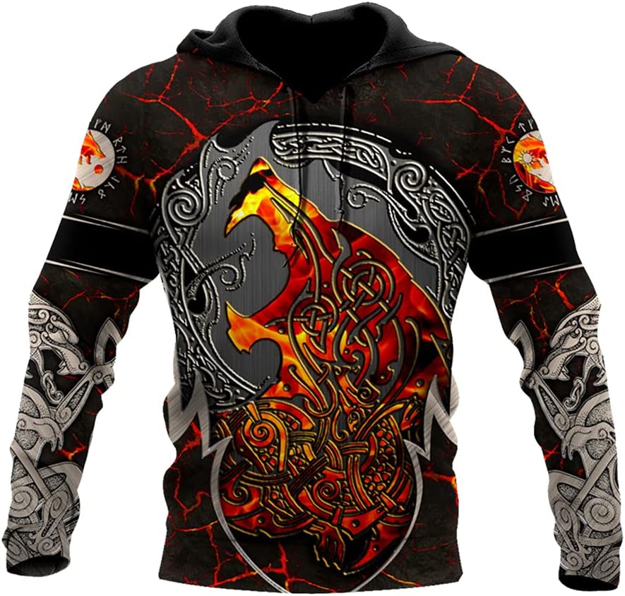 Nordic Fenrir Wolf Pullover Sweater,3D Print Vikig Tattoo Zip Hoodies Fall Casual Loose Jacket Fashion Harajuku Coat