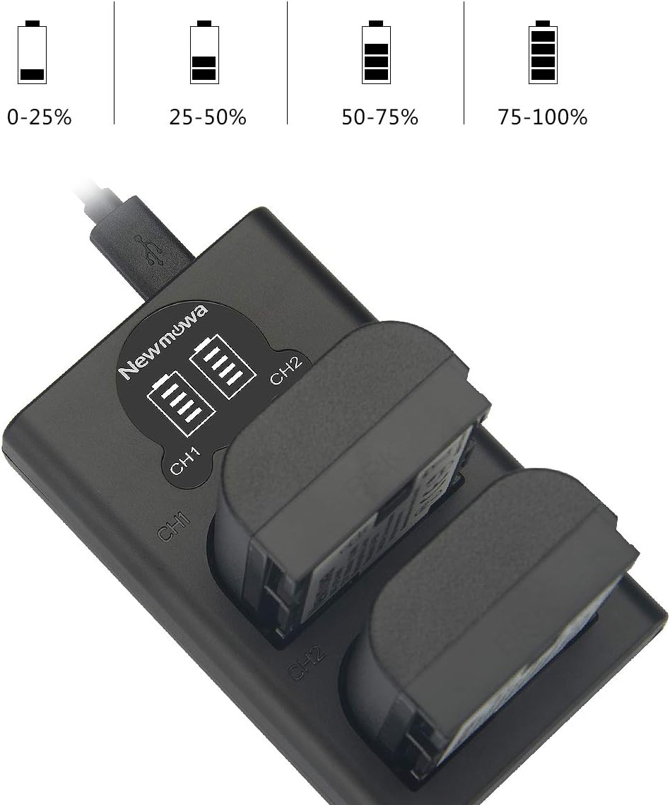 Image showing the LCD display on the charger with different battery level indicators, from 0-25% to 75-100% full.