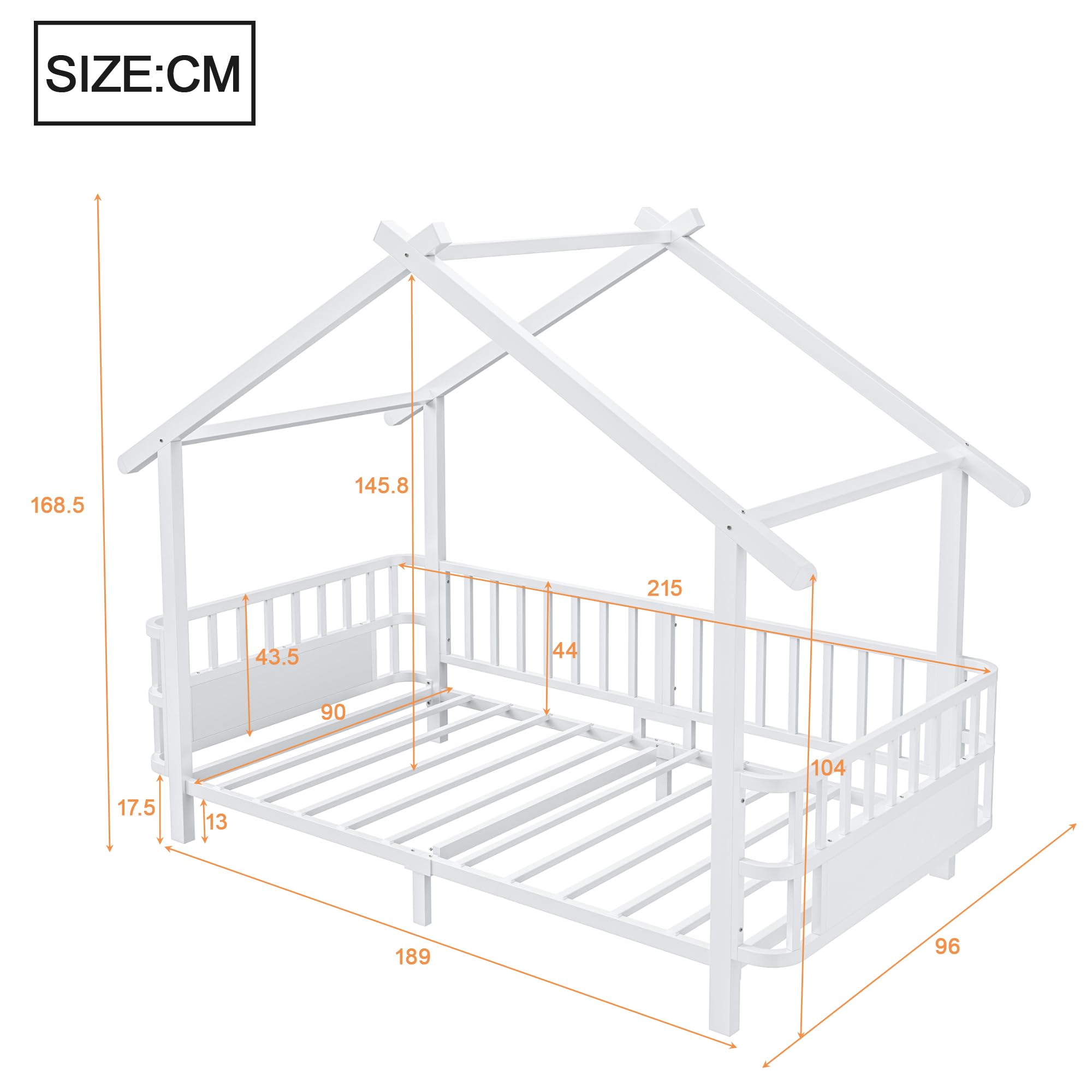 Merax Kinderbett aus Metall in Hausform 90x200 cm mit Sicherheitsgitter & Dachdesign – Weiß (Ohne Matratze)