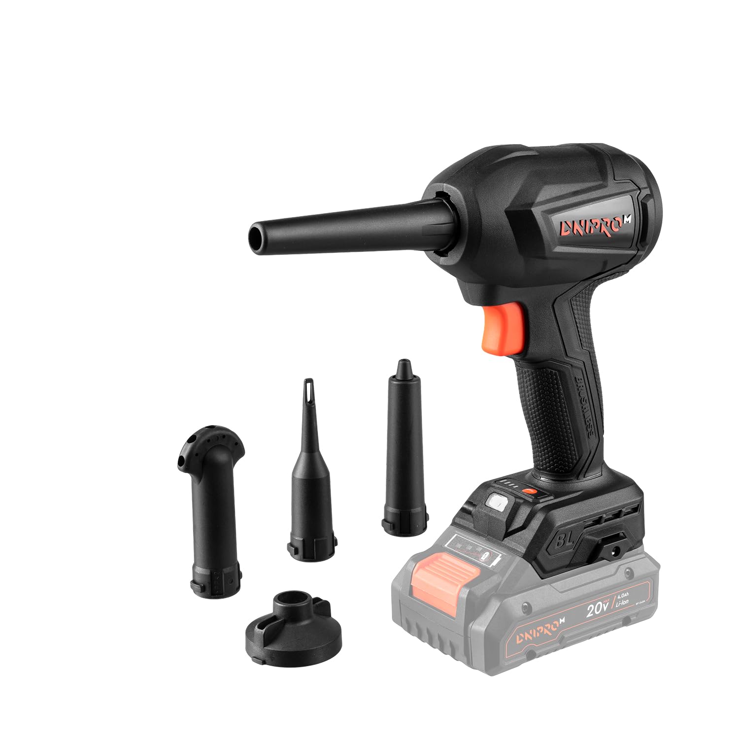 Soplador de Aire Potente Inalámbrico Brushless DCB-203BC Compact - Motor 280W, 30 m/s, 4 Velocidades - Limpieza PC, Taller, Barbacoa e Hinchables - 5 Accesorios Incluidos - Sin Batería - por Dnipro-M