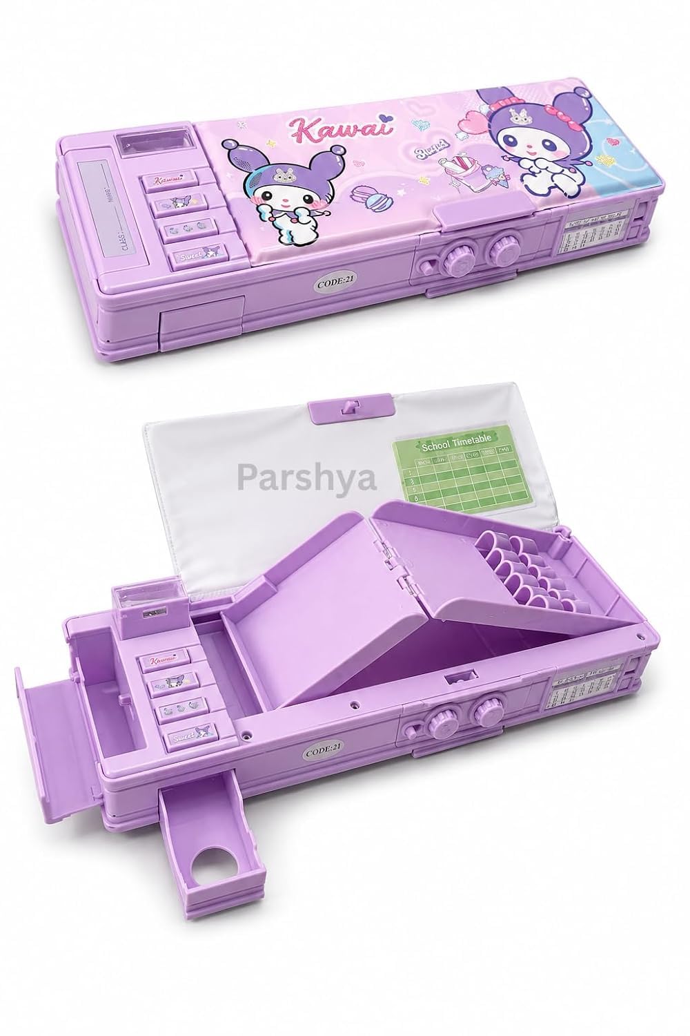 Plastic Multifunctional Cute School Pencil Box for Girls, Magic World Compass Box for Boys, Aesthetic Stationary Items for Kids, Password Lock Pencil Box (Password Lock Kuromi)-image-34