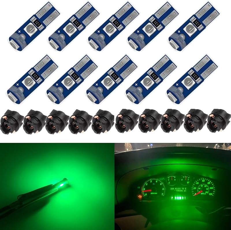 Kit de lâmpadas LED verdes T5 2721 PC74 com soquetes twist BlyilyB – 10 unidades