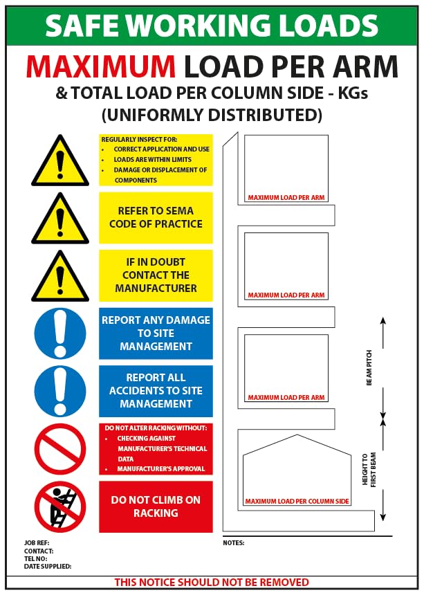 Cantilever Racking - Safe Working Loads Sign - Drwyipe - Cantilever Arms SWL Notice - 3mm Foamboard Sign (White, A3 (297 x 420mm))