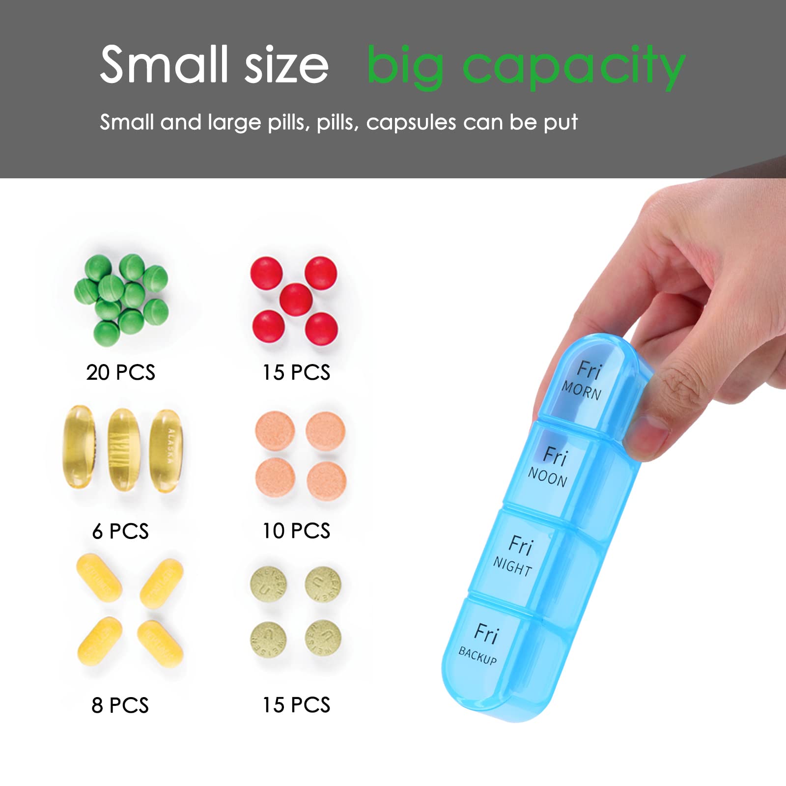 Greencycle Pilulier hebdomadaire 7 jours/4 fois par jour - Grand pilulier résistant à l'humidité - Organiseur de médicaments AM PM pour contenir des vitamines, des huiles de poisson et des suppléments