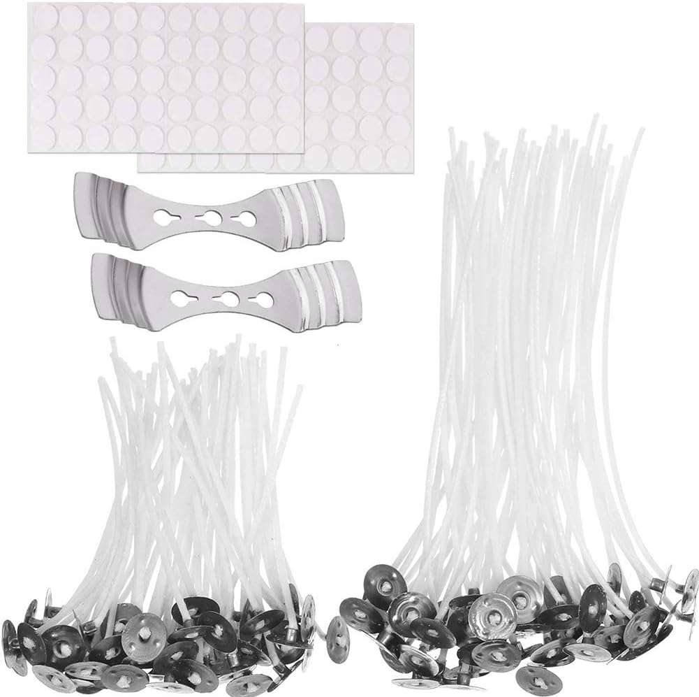 Candle Wicks for Making Candles, Candle Making Kit 100 PCS with 100 PCS Double-Sided Dots Wick Stickers and 2 PCS Wick Holder, Candle DIY Supplies, 3.94"(10cm) and 5.9"(15cm)