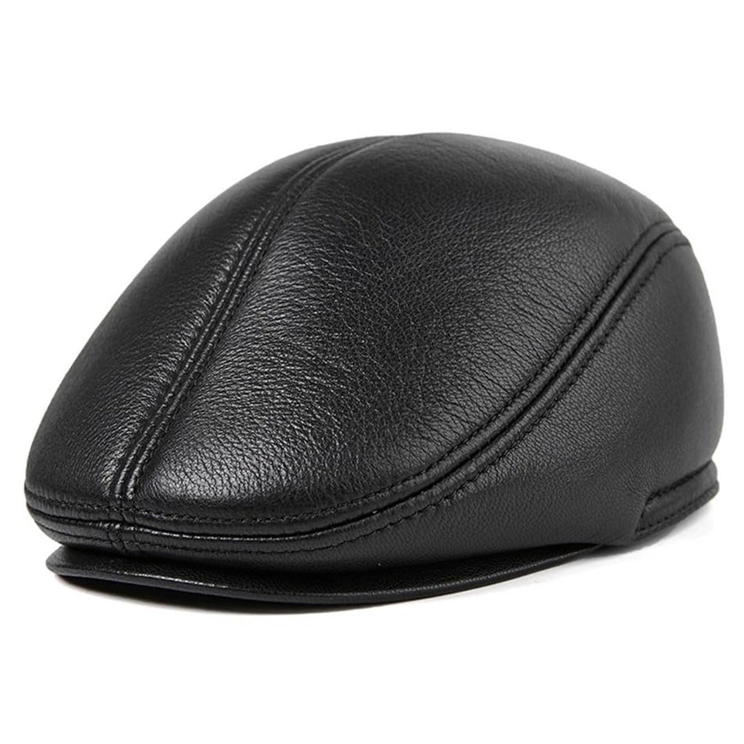 Boina plana de invierno para hombre, color negro, cálido, con orejeras, de piel auténtica, sólida, clásica, para conducir