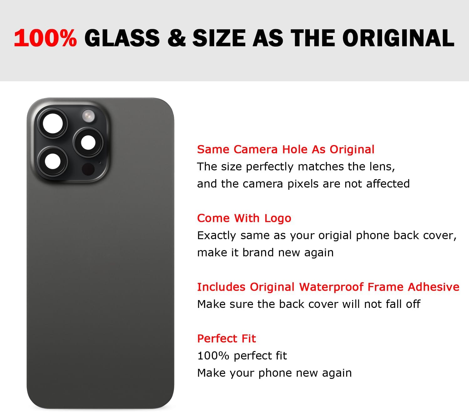 Rear Back Glass Replacement Cover Compatible with iPhone 15 Pro Max 6.7-Inches All Carriers +Pre-Installed Plate +Wireless Charging Coil Flex Cable +Flashlight +Microphone +Camera Frame(Black)