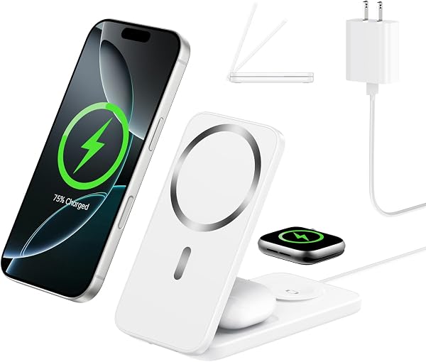 XNYAND Compatible MagSafe 3 in 1 Wireless Charging Station for Apple, Magnetic Foldable Charger Stand for iPhone 17/16/15/14/13/12 Pro Max, Apple Watch Ultra/Series & AirPods Pro Fast Charging Dock - 1