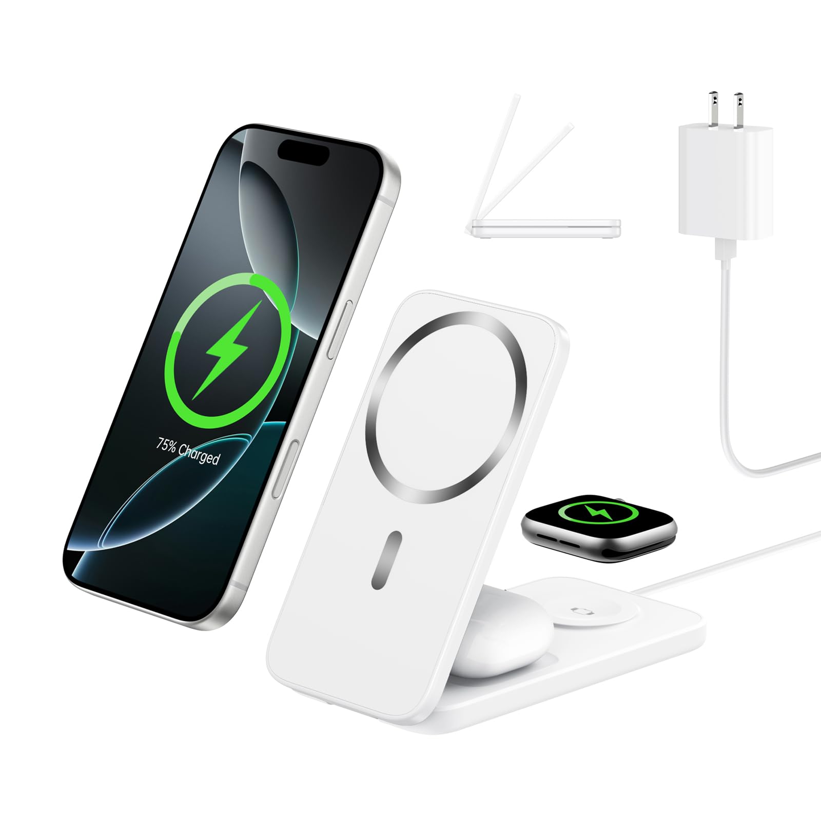 XNYAND Compatible MagSafe 3 in 1 Wireless Charging Station for Apple, Magnetic Foldable Charger Stand for iPhone 17/16/15/14/13/12 Pro Max, Apple Watch Ultra/Series & AirPods Pro Fast Charging Dock - 1