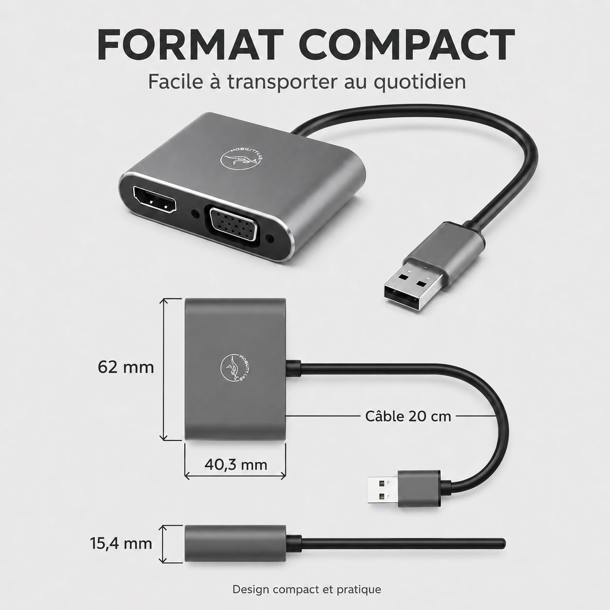 Mobility Lab Adaptateur USB 3.0 vers HDMI & VGA – Haute Résolution 1920 x 1080p à 60Hz – Plug & Play Facile – Compatible macOS et – Présentations, Films, Jeux Vidéo, Vidéoprojecteur