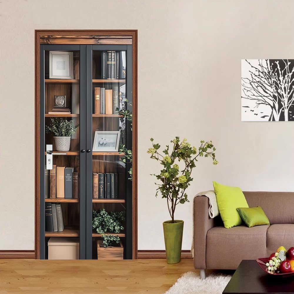 Peel and Stick Door Stickers Removable Murals Self-Adhesive DIY Decal PVC Waterproof - Bookcase - Wallpaper for Bedroom Living Room Decor 31.5 x 78.7 inch