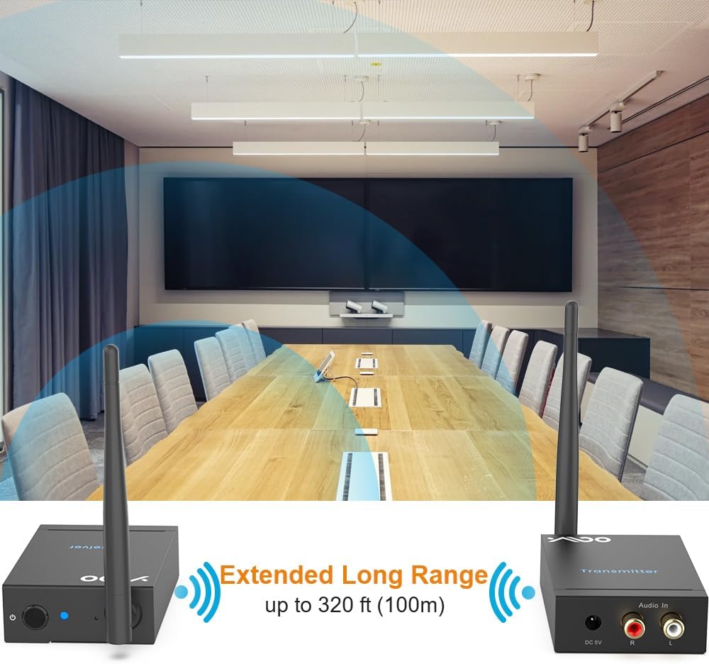 YMOO 2.4GHz Wireless Audio Transmitter Receiver (1 TX+1 RX), 20ms Ultra Low Latency HiFi Audio, 320ft Long Range RCA Jack Adapter for Powered Speaker/Soundbar to TV/PC/CD Player/Computer/Projector