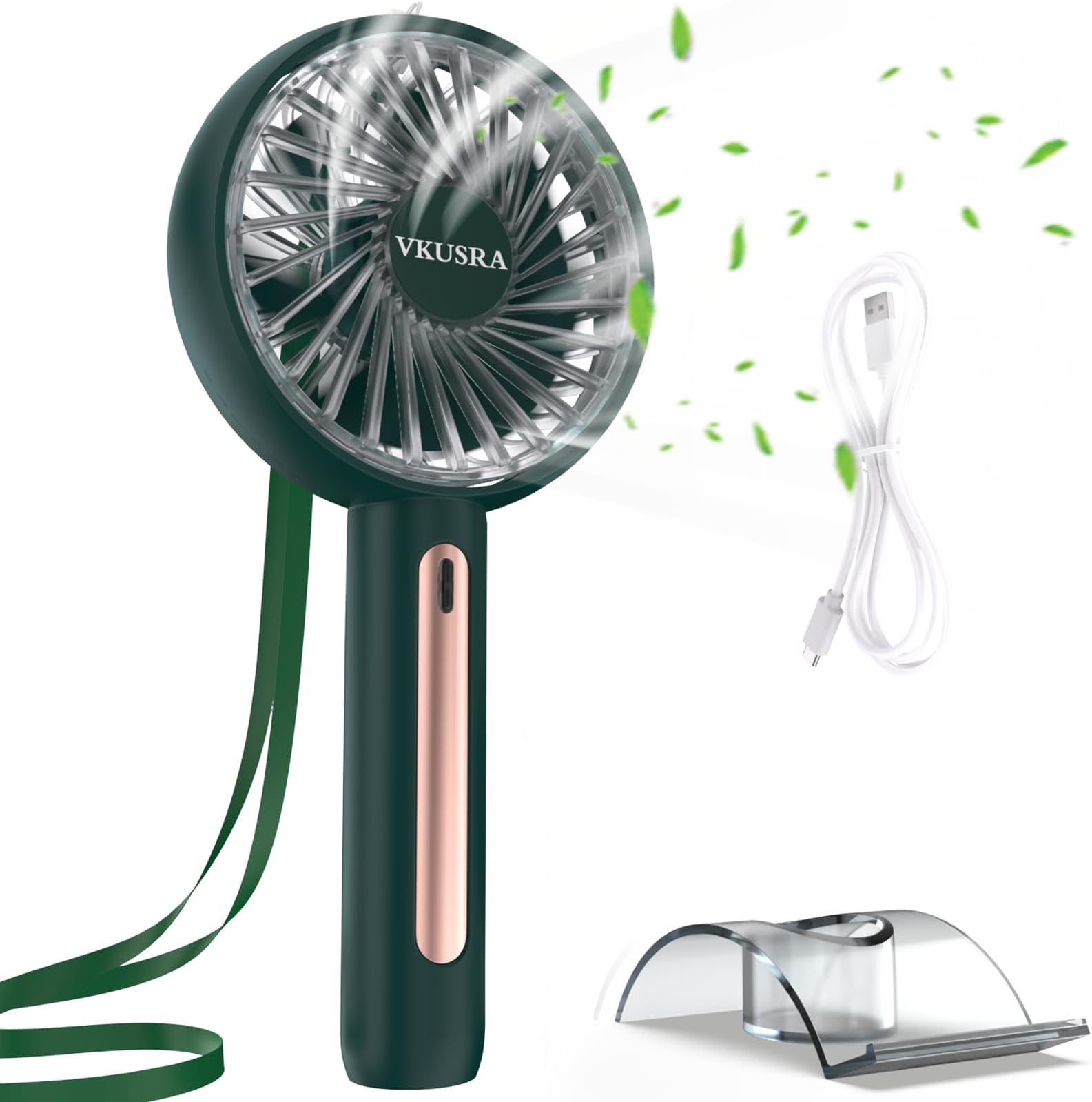 VKUSRA Handheld Fan, Mini Hand Held Fan with Base,Personal Small Battery Operated Portable Hand Fan with 4 Speeds,USB Rechargeable Makeup Desk Fan for Travel Outdoor Office-Green