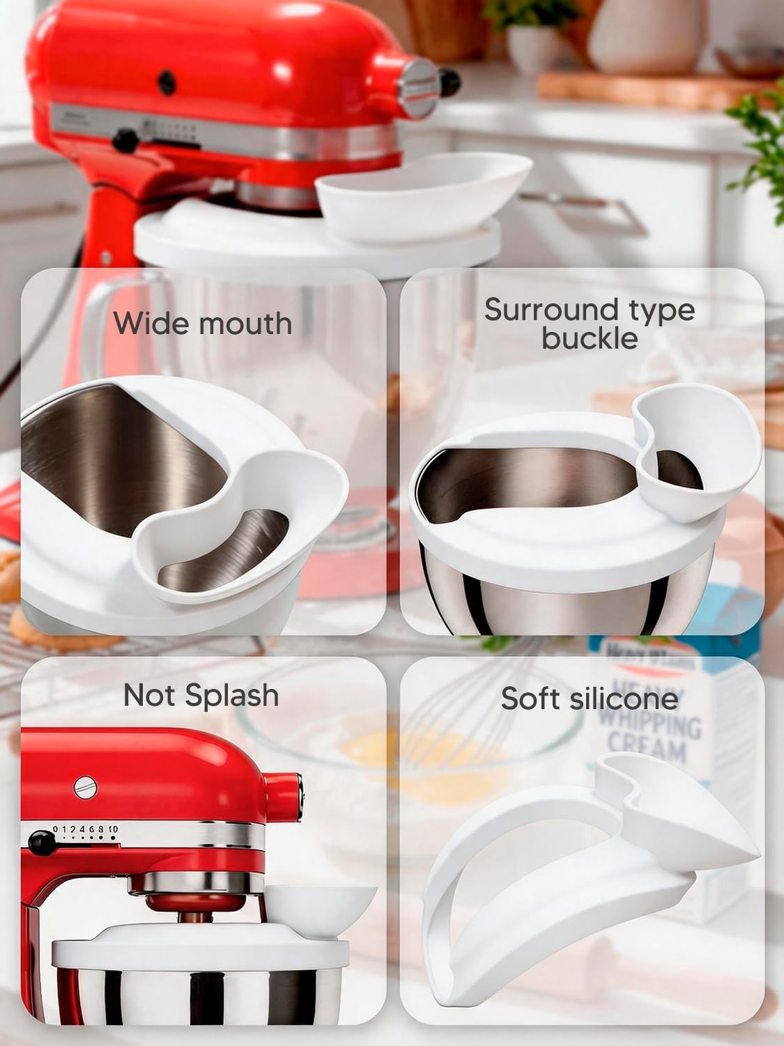 Kitchen Aid - Protector de salpicaduras de silicona para batidora de pie y batidora de cabeza inclinada, 4.5-5 cuartos de galón, escudo de vertido y embudo de harina, accesorios y accesorios de