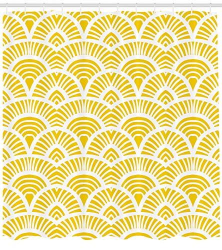 ABAKUHAUS Yellow Shower Curtain, Vintage Hand Drawn Style Art Nouveau Pattern Geometrical Retro Scales Japanese - Image 2