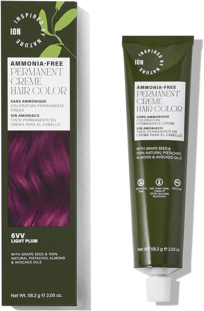 ion Inspired By Nature Permanent Hair Color Light Plum 6VV, made from 100% naturallyderived polymers, cruelty free, vegan, PPD free, recyclable packaging, 2.05 oz