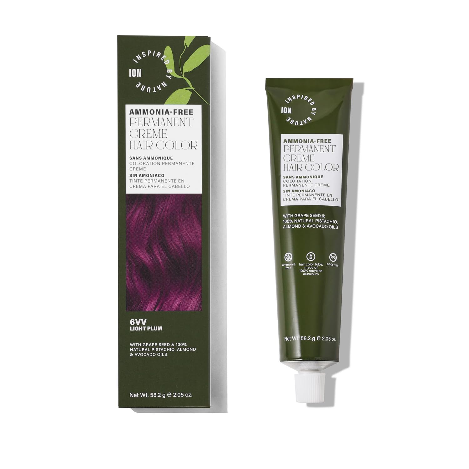 ion Inspired By Nature Permanent Hair Color Light Plum 6VV, made from 100% naturallyderived polymers, cruelty free, vegan, PPD free, recyclable packaging, 2.05 oz