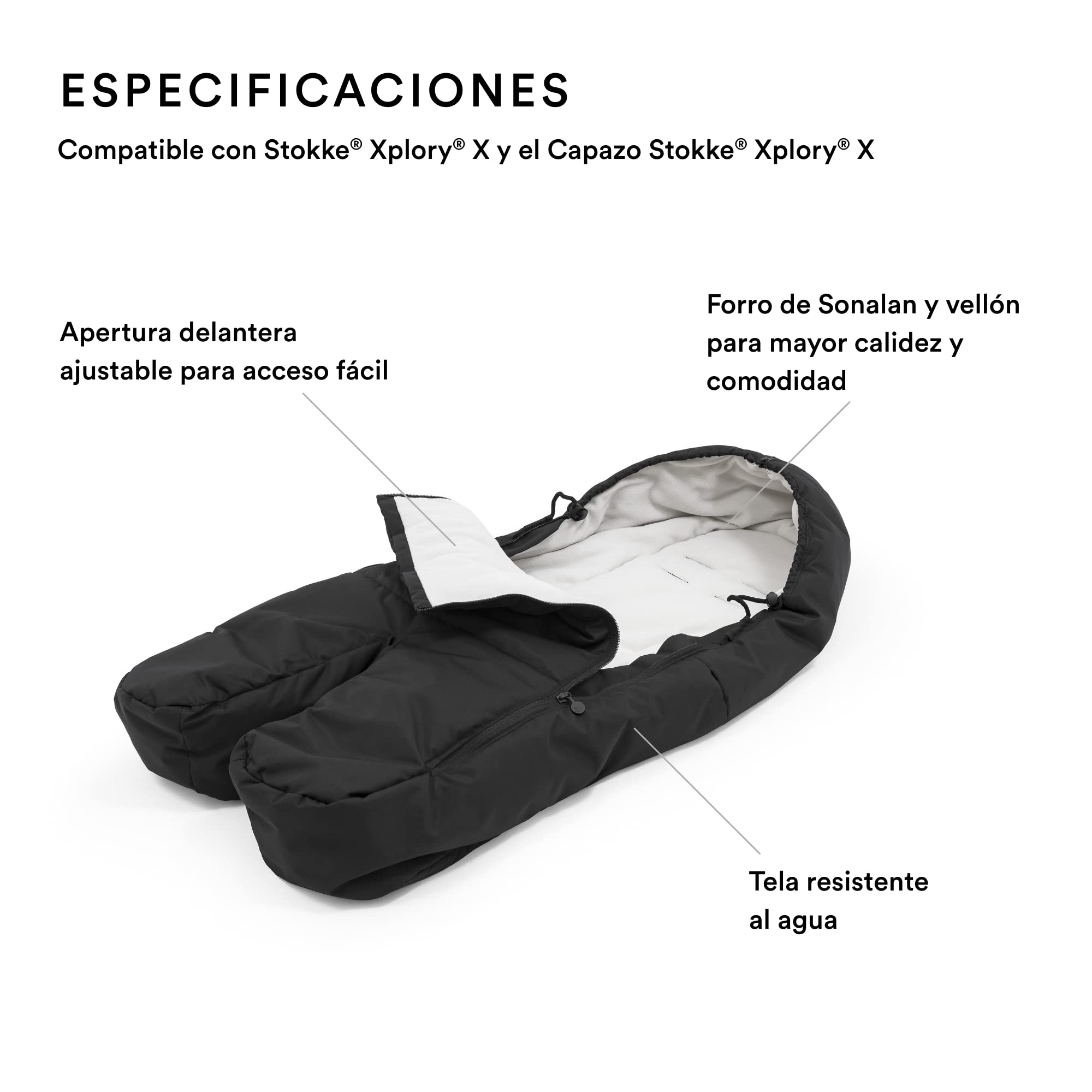 Saco para Silla Stokke Xplory X, Negro Sólido - Mantiene a tu bebé Caliente Durante los Paseos en Tiempo Fresco - Forro de Sonalan y Polar + Exterior Repelente al Agua - Apertura Frontal Ajustable
